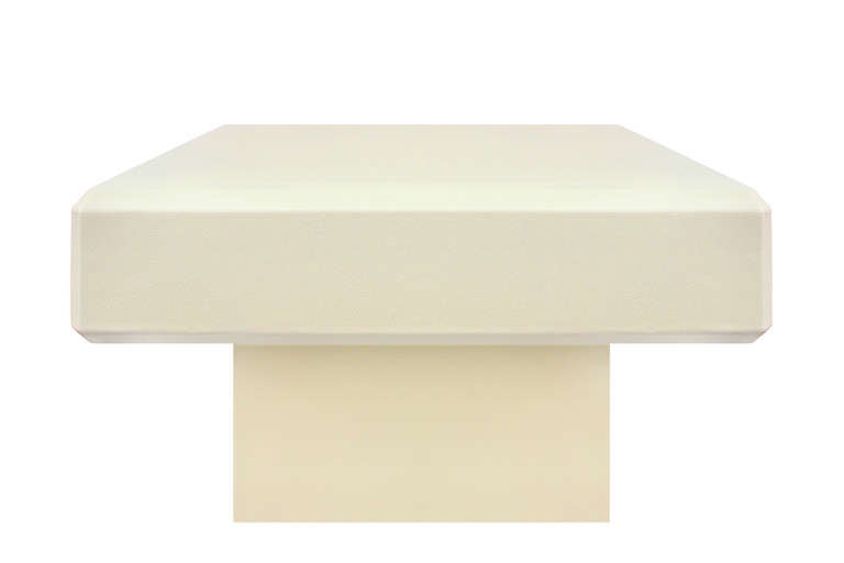 Coffee table covered in ivory lacquered embossed lizard leather by Karl Springer, American 1988 (label on bottom reads 