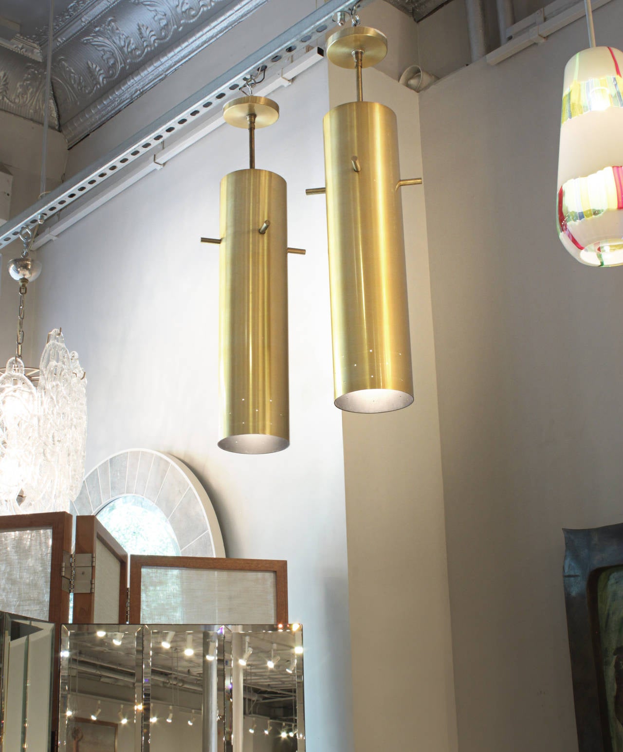 Mid-20th Century Five Chic Pendant Lights in Lacquered Brass by Lightolier