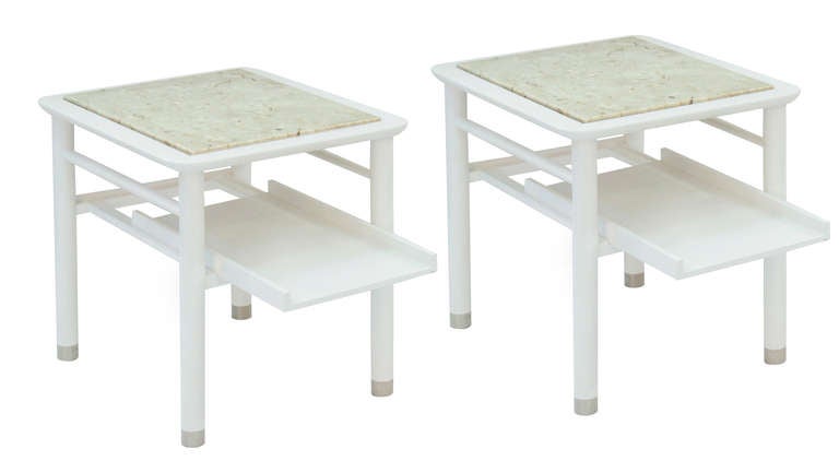 Pair of end tables in white lacquer over mahogany with inset marble tops by Weiman, American 1940's (signed)
