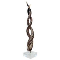 Impressive Intertwined Horn Sculpture Mounted on Thick Lucite Base