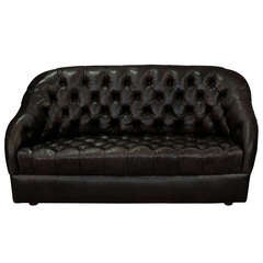 Button Tufted Dark Brown Leather Sofa by Ward Bennett