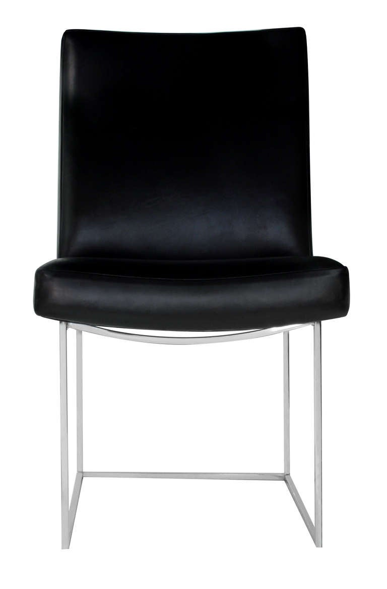 Set of 8 dining chairs (2 arm chairs and 6 side chairs) with architectural chrome frames designed by Milo Baughman for Thayer Coggin, American 1960's.   Reupholstered in Black Edelman leather.