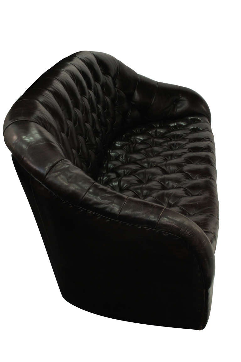 Button Tufted Dark Brown Leather Sofa by Ward Bennett