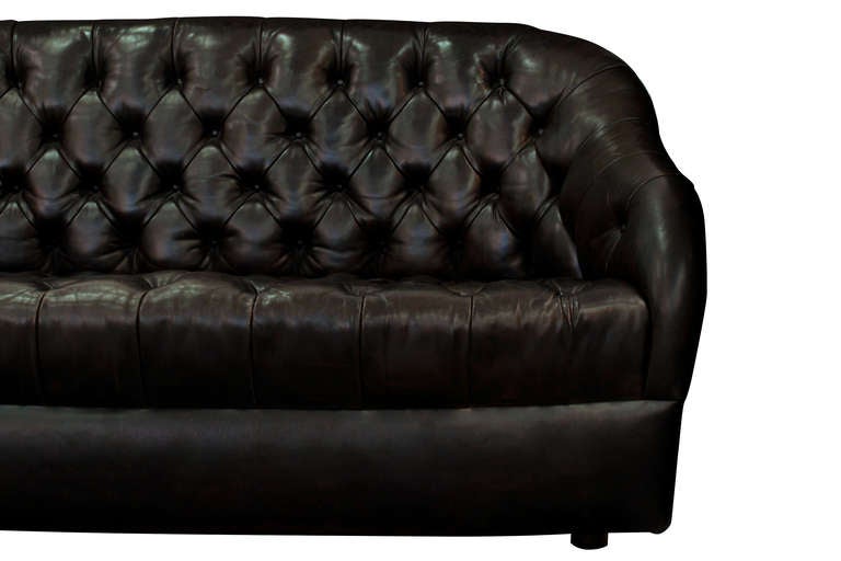 American Button Tufted Dark Brown Leather Sofa by Ward Bennett