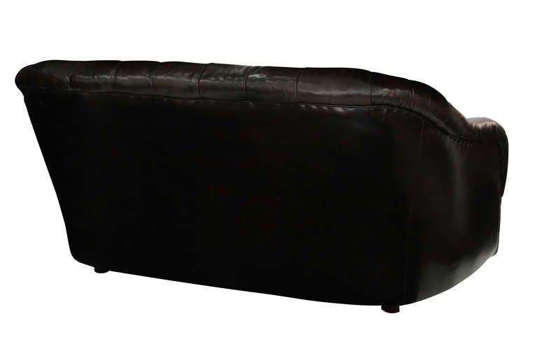 Button Tufted Dark Brown Leather Sofa by Ward Bennett 1