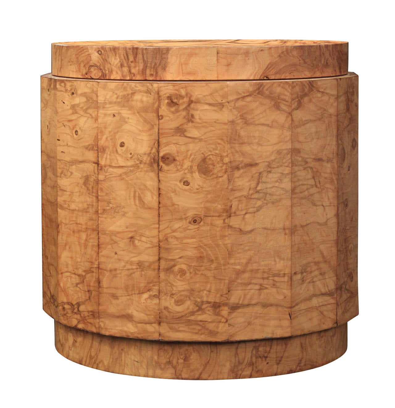 Table basse n° 6302G avec base à piédestal en loupe d'olivier à facettes et plateau en verre épais par Edward Wormley pour Dunbar, américain, 1963 (étiquette Dunbar en métal sur la base).