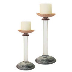 Retro Pair of Scavo Glass Candlestick Holders by Karl Springer