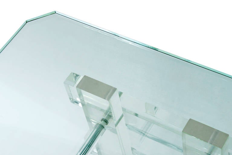 Sculptural end table with thick Lucite blocks, chrome stretchers, and thick glass top, American, 1970s.