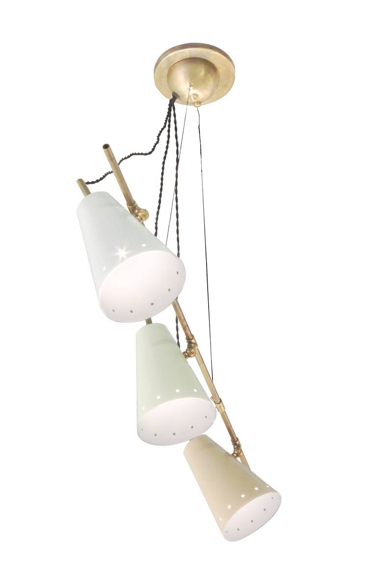 Italian Stylish Triple Multi-Color Pendant Lamp Attributed to Arredoluce For Sale