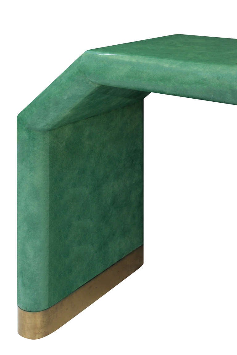 5-Sided console table in green lacquer with brass banding at base in the manner of Karl Springer, American 1970's