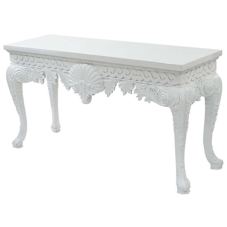 Exceptional Hand Carved White Lacquered Console Table For