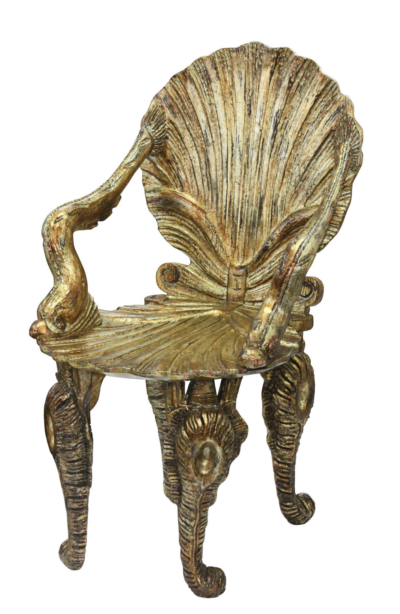 Set of six hand-carved gilded wood grotto chairs, open clam shell motif by David Barrett for Circa, American, 1970s.