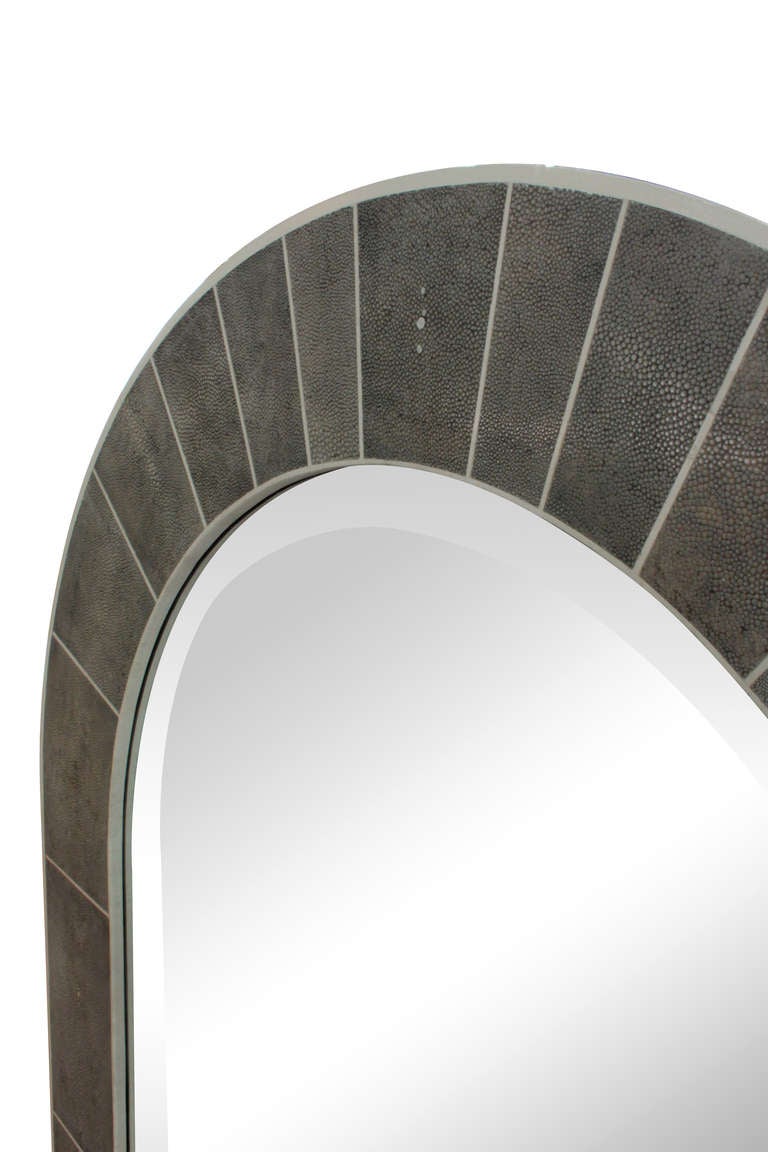 Large wall-hanging mirror with arc top in shagreen with bone inlays by Karl Springer, American 1980's.  This is considered one of Karl Springer's best mirrors.