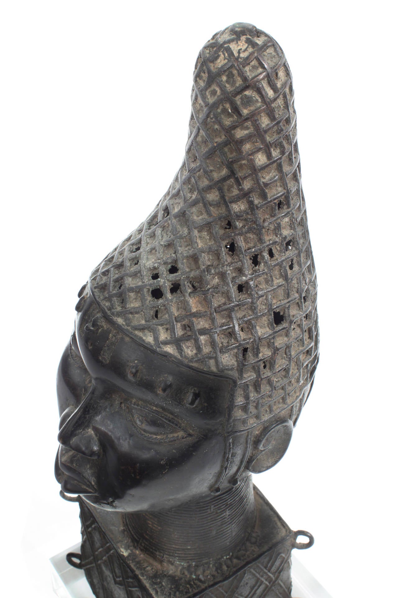 Beninese African Bronze Head on Thick Lucite Base