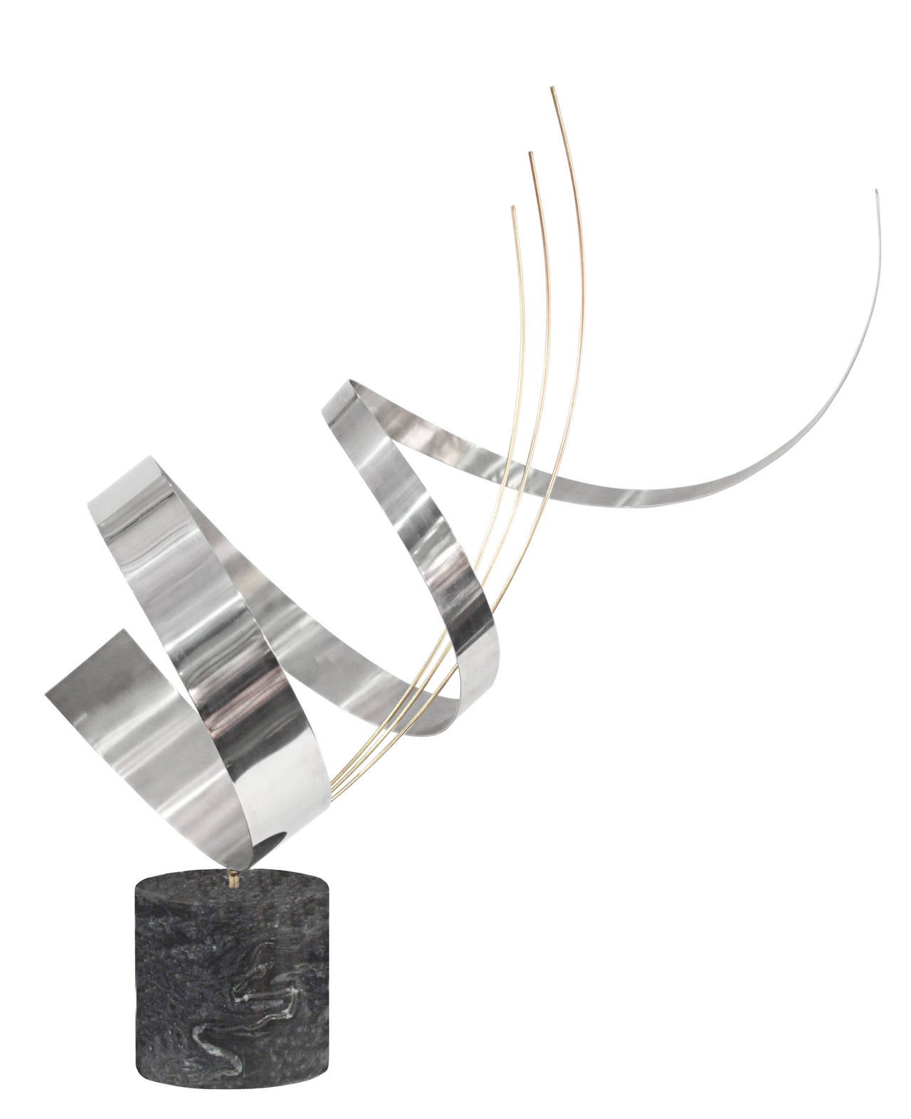 Sculpture in stainless steel and brass on a polished marble base by Curtis Jere, American, 1970s

6 inches in diameter at base.
