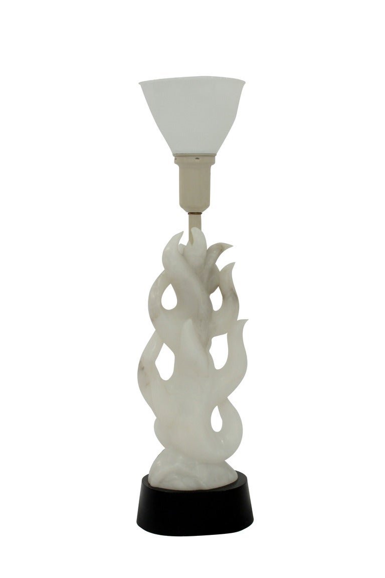 Hand-carved alabaster table lamp with flame motif and matching finial, Italian 1940's