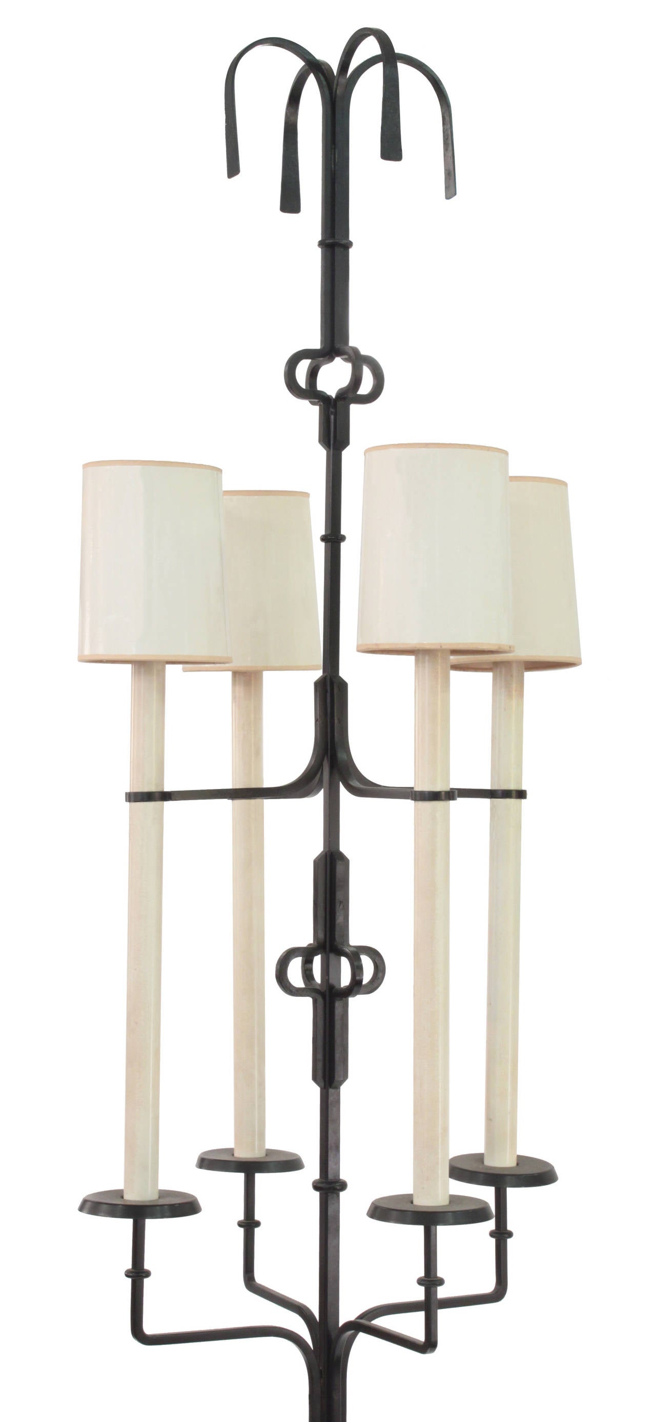 Exceptional and large floor lamp #27 in wrought iron with four lights by Tommi Parzinger for Parzinger Originals, American, 1950s.