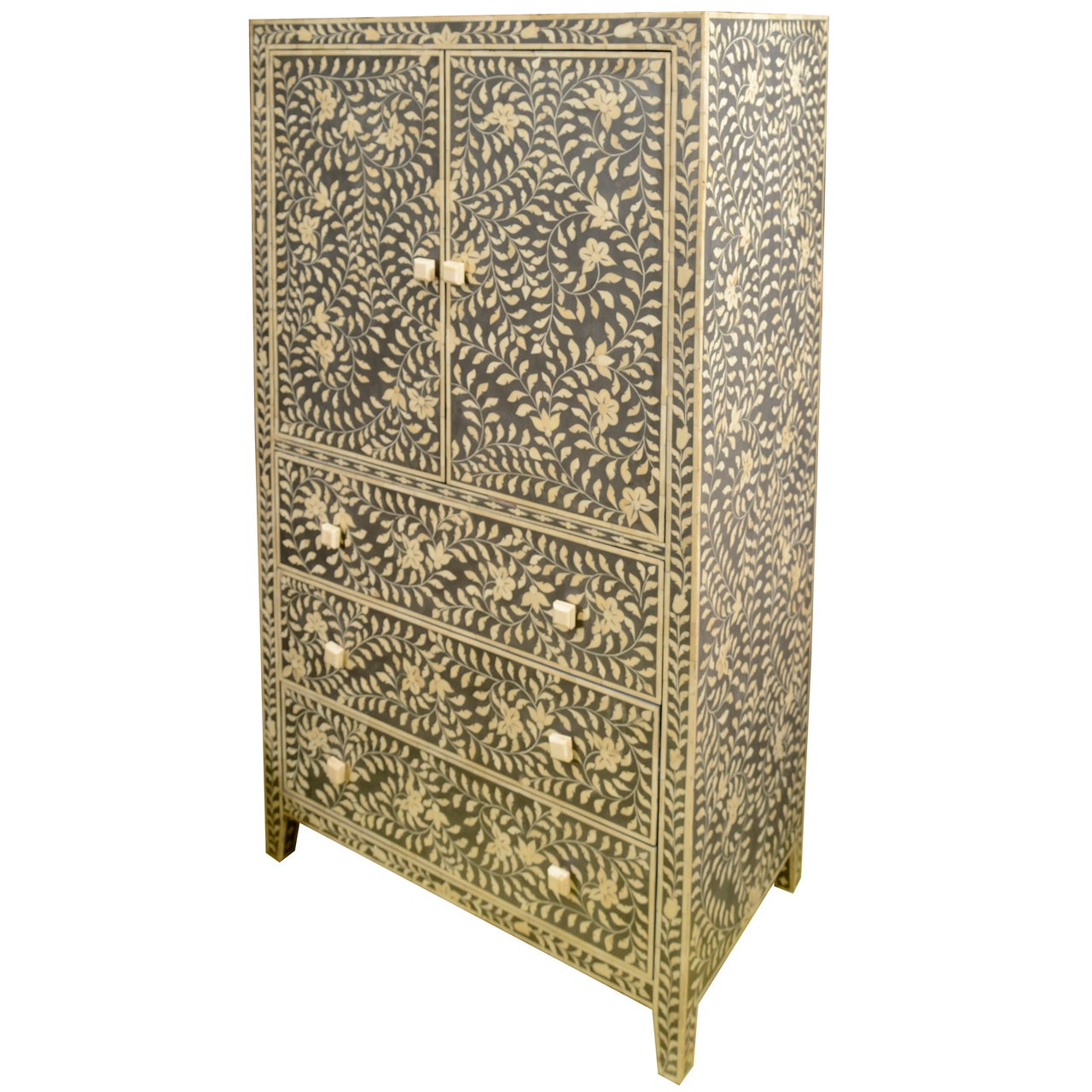 Indian Cabinet with Inlaid Grey Bone, Floral Design