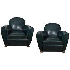 Vintage Green Leather French Club Chairs