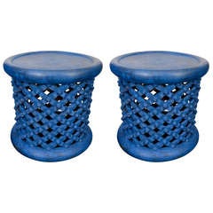 Pair of Blue Painted Cameroon Stools