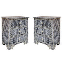 Pair of Indian Blue and White Bone Bedside Tables