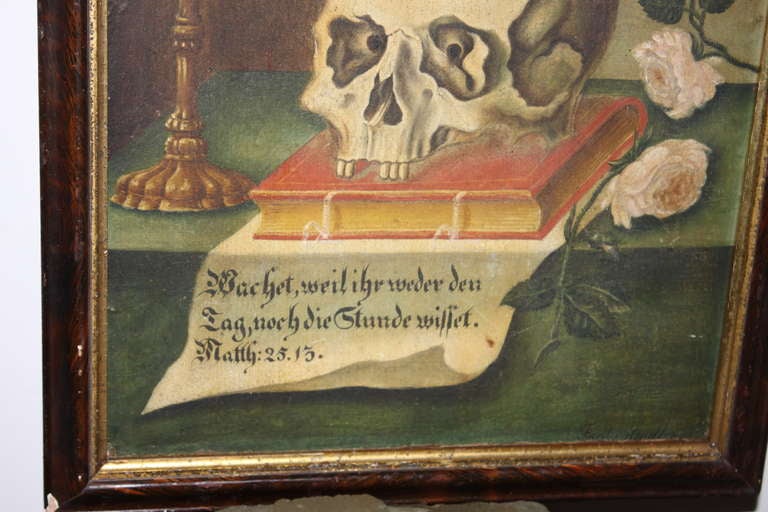 This wonderful painting is German 19th century. The scripture at the bottom is Mathew  25. 13 . The translation reads 