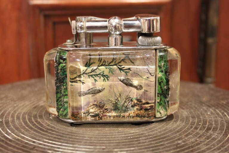British A Fine Alfred  Dunhill Reversed Carved and Painted Aquarium Lighter 1950