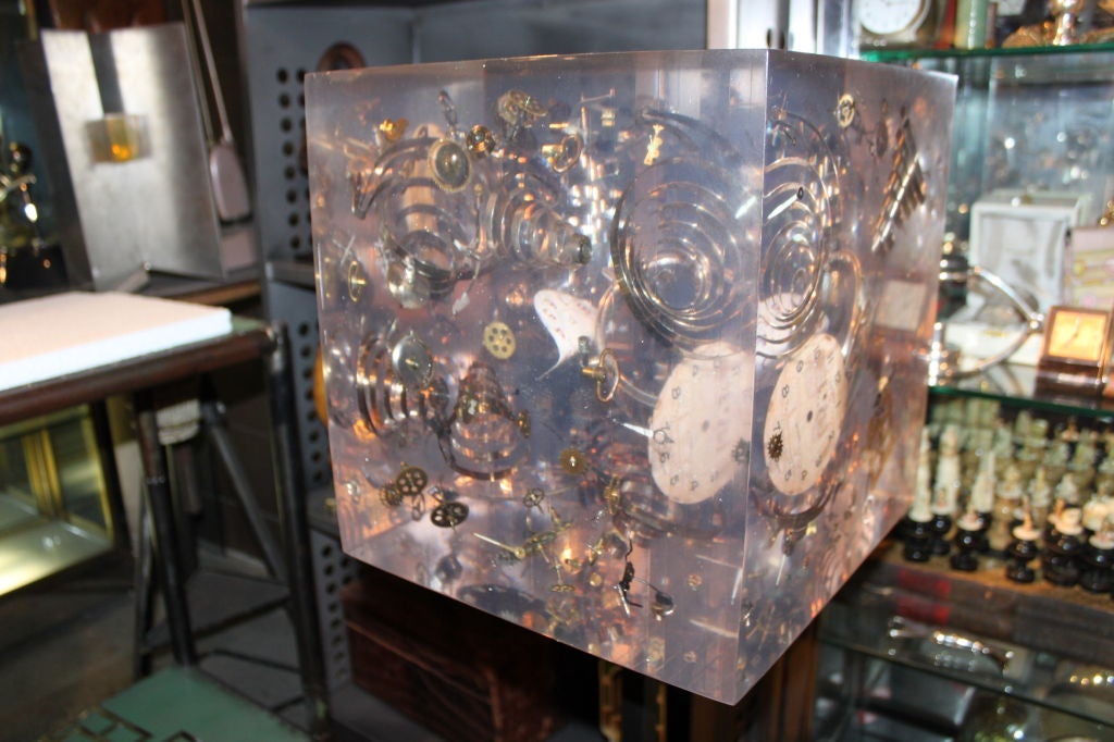 French Huge Lucite Cube with Exploded Watch Parts