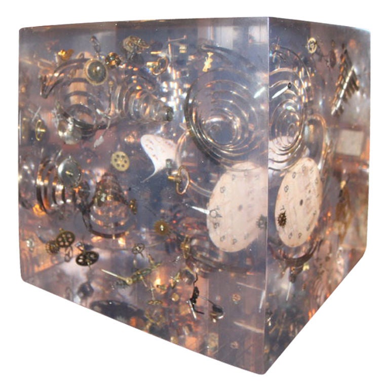 Lucite cube with exploded watch parts, 1970s, offered by Mantiques Modern