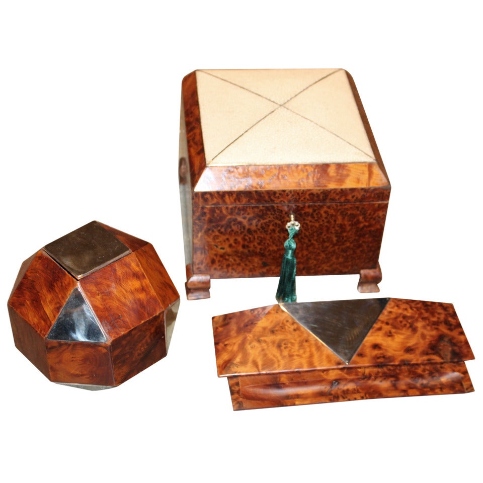 Great Collection of Three French Art Deco Burlwood Boxes For Sale