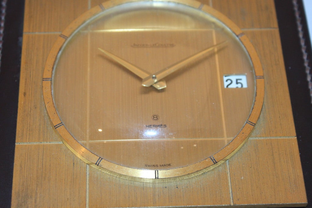 This handsome Hermes Dupre-Lafon stacked leather desk clock was manufactured for Hermes by Jaeger Lecoultre.
