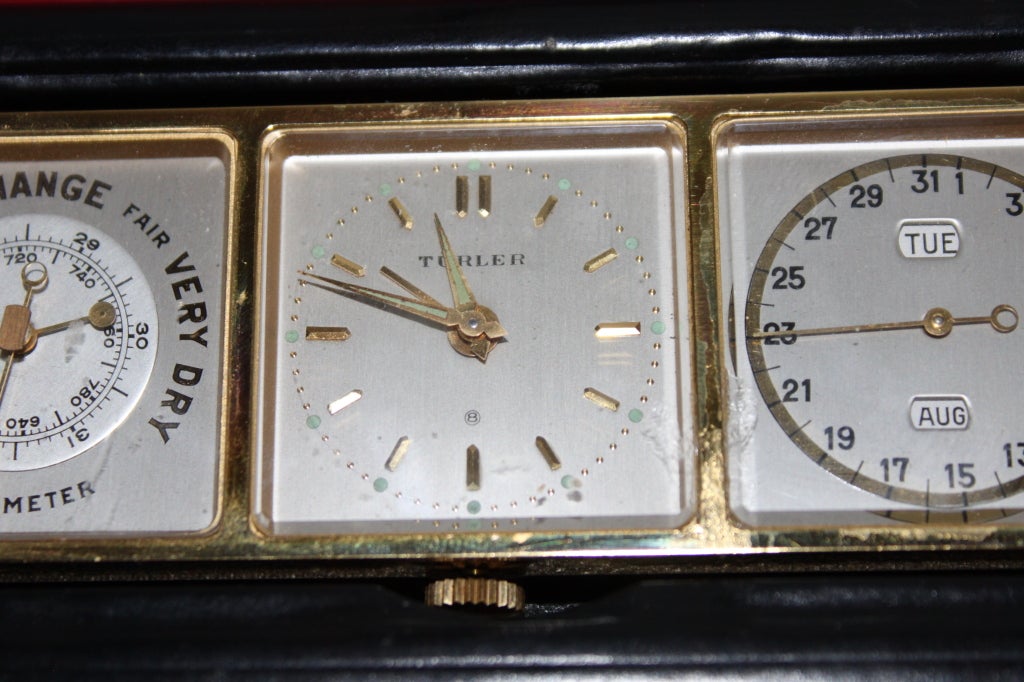 This is a mint little Hermes clock/ weather station. These were made to sit on the desk or for travel. The condition is great with all functions working . The box calf leather is near mint. The actual maker of the mechanism is Turler of Switzerland.