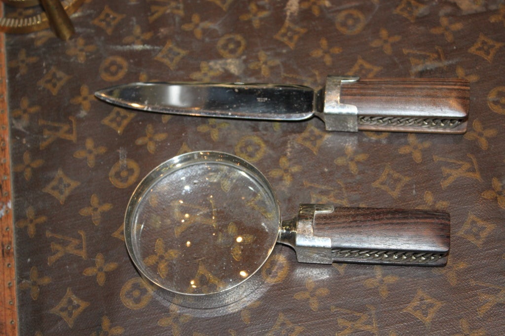 Hermes wood and chain link desk set includes a magnifier and a letter opener