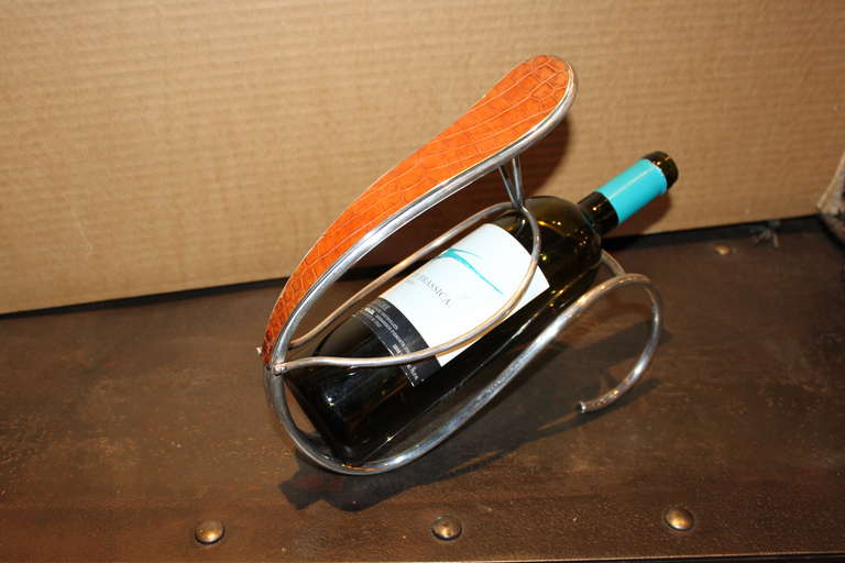 French Unusual Hermes Silver and Alligator Wine Cradle