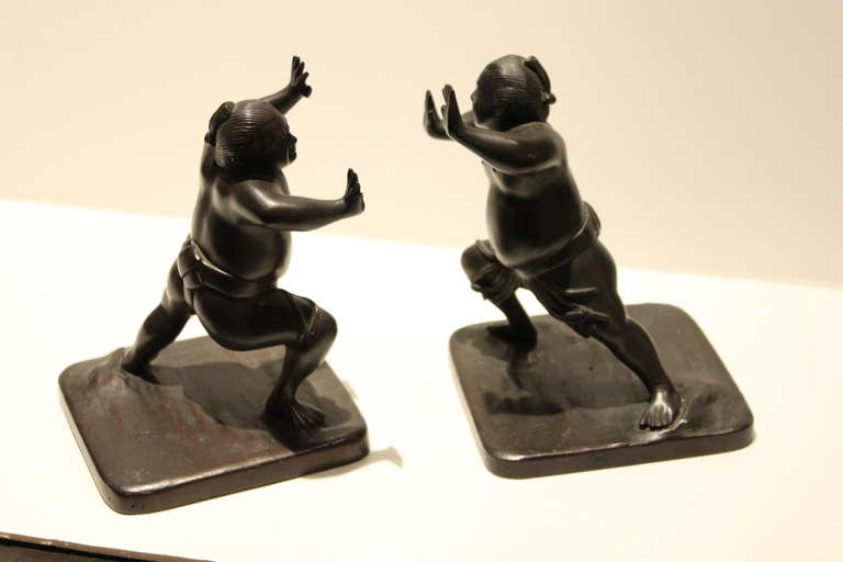 These bookends from Japans Meiji period [1868- 1912] are typical of the amazing metal work being produced at that time. The patina is a blackish brown and in excellent condition. There is a signature as pictured in the photos.