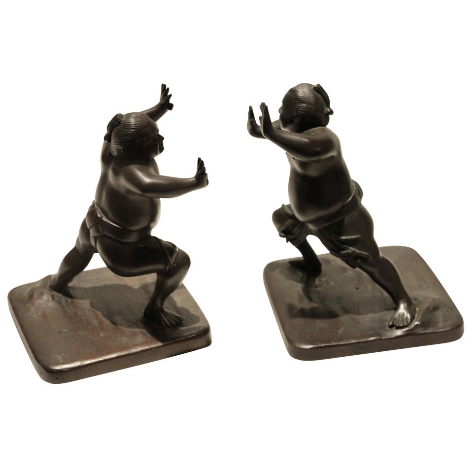 Japanese Meiji Period Bronze Sumo Wrestlers' Bookends