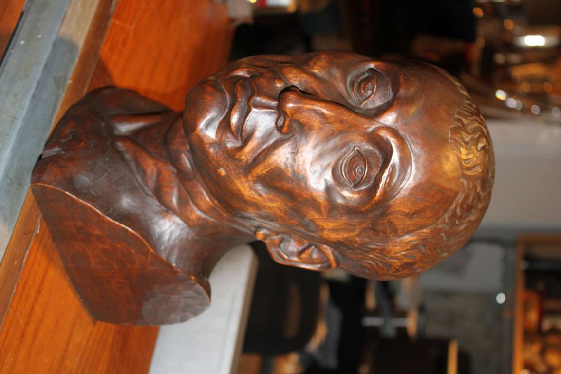 We feel this wonderful carving is Dante . He is seldom seen without his famous hood and garland but his nose is rather distinctive !This is a fine carving from a dense wood with a fabulous patina . We are guessing it is Italian and carved in the