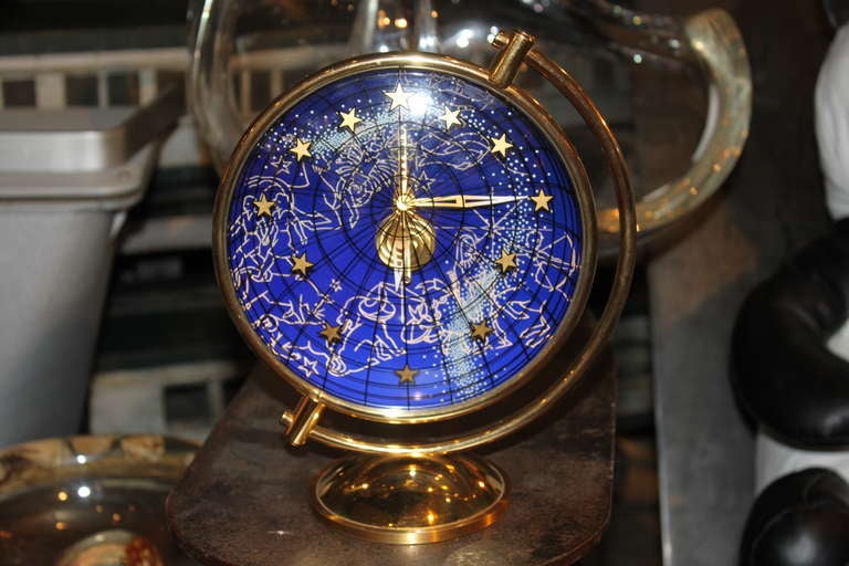 This wonderful Clock was made by Jaeger Le Coultre and retailed by Hermes. It has the famous inline movement. We have  never seen this clock with the blue face before.
