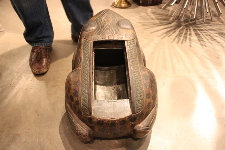 This Giant Hermes Frog box was a custom order piece from the 1970's. It is made of all hand carved wood and is lined with Hermes Leather.