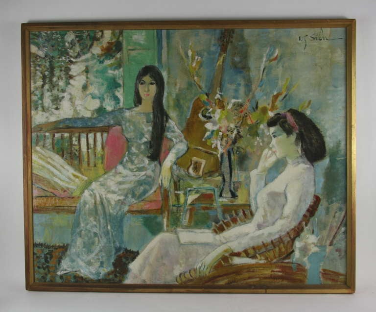 5-1053 Oil painting of two young women in colorful attire. Signed upper right 