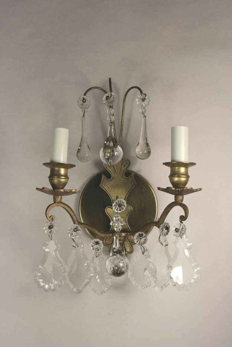 Pair of French  Double Arm Brass Crystal Sconce In Good Condition In Douglas Manor, NY