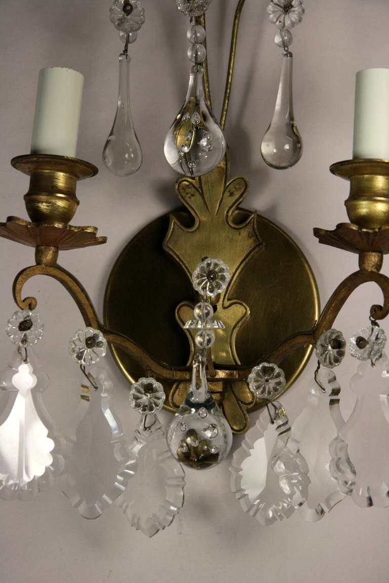 Mid-20th Century Pair of French  Double Arm Brass Crystal Sconce