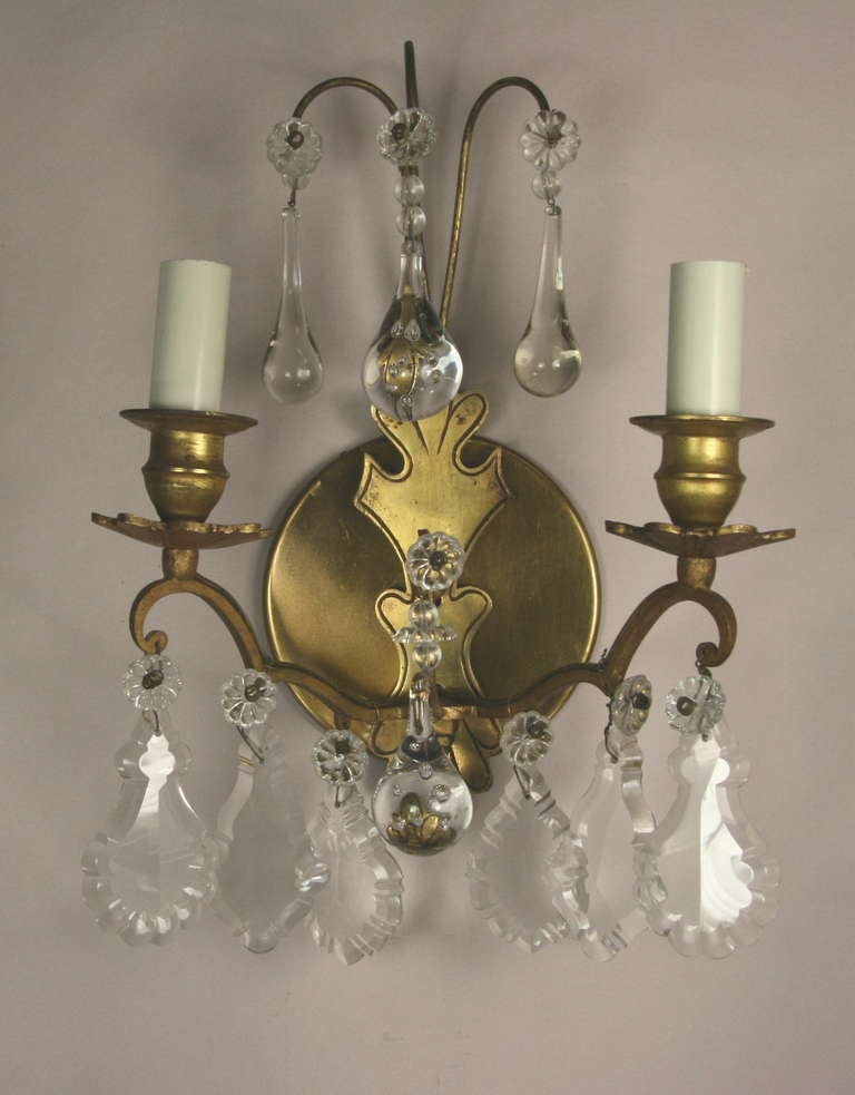 Pair of French  Double Arm Brass Crystal Sconce 1