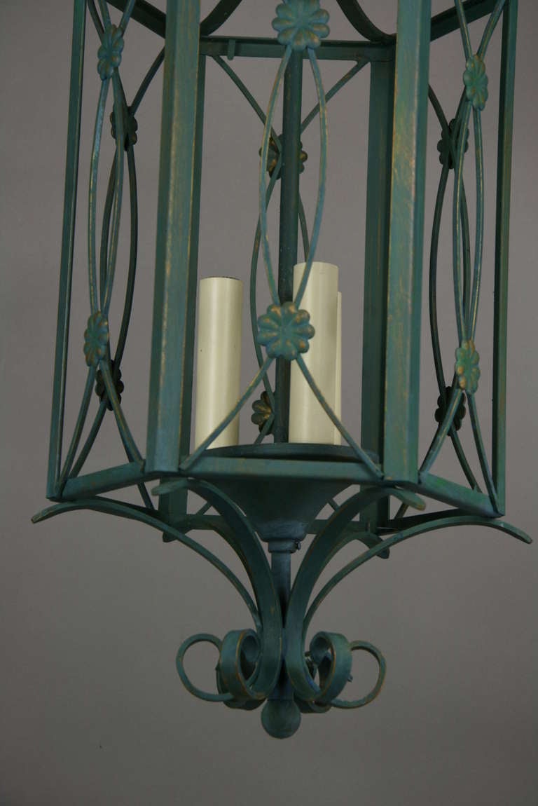 Verdigris Scrolled Iron Lantern In Good Condition In Douglas Manor, NY