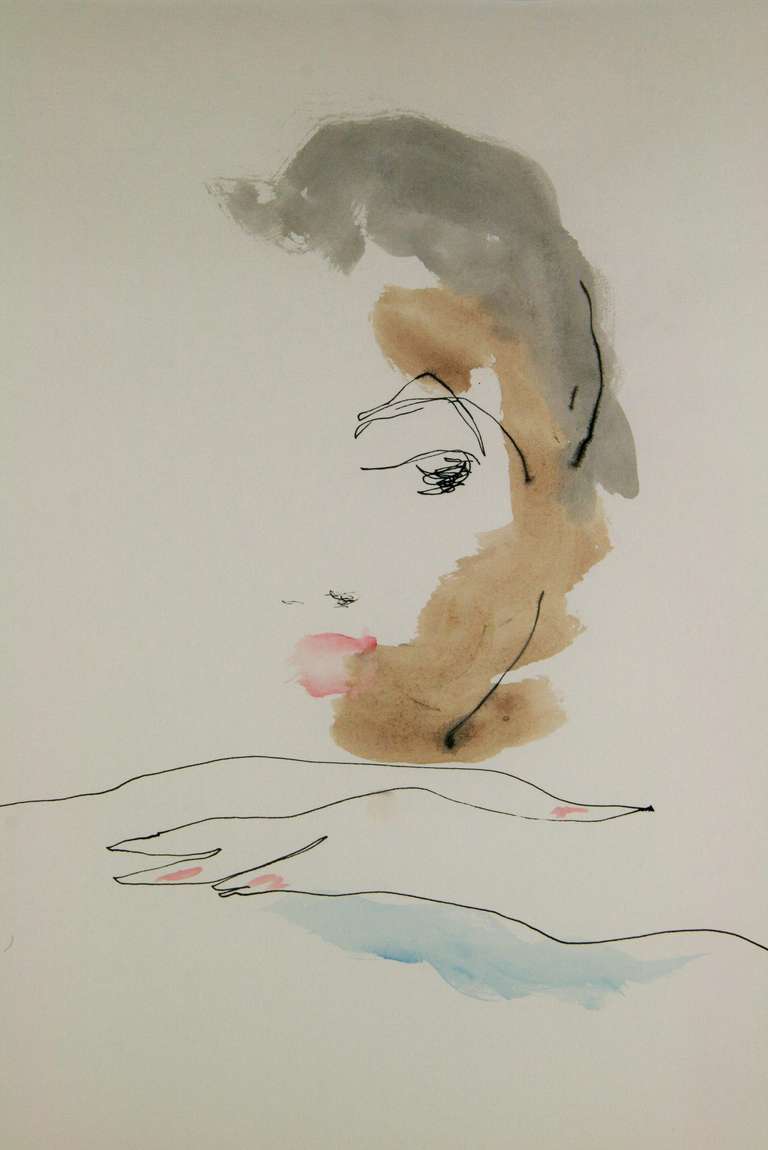 #3-55 an original ink or watercolor of a female portrait on paper. Unframed.