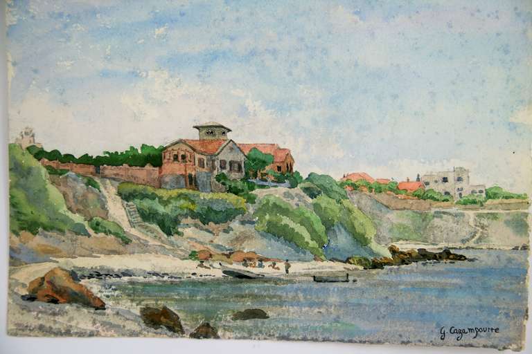 French Coast  Watercolor In Good Condition In Douglas Manor, NY