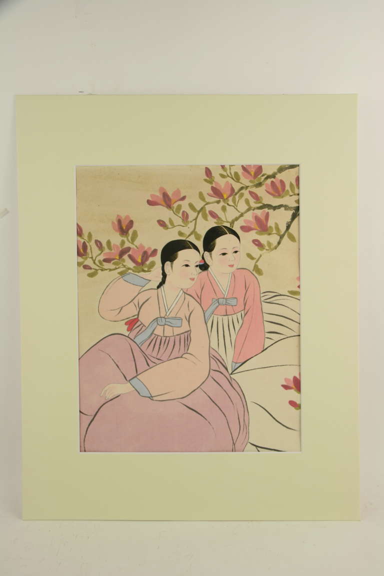 #3-89 A Japanese gouache on paper displayed in a white mat. Unframed image size 13.5 H x 10.5 L.