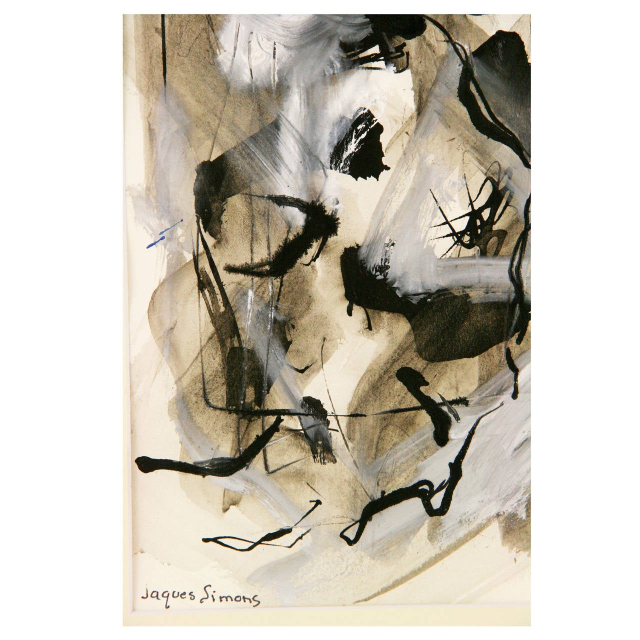 A vintage black and white ink gouache on paper signed by Jaques Simons lower left. Displayed in a mat. Measuring image size is 9.5 H x 7 W. Unframed.