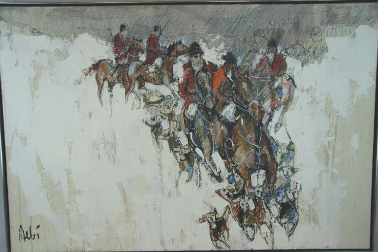 5-761  Modern oil painting of a fox hunt, signed lower left 