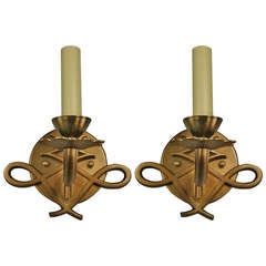 Pair of French Darkened Brass, Single-Arm Sconces
